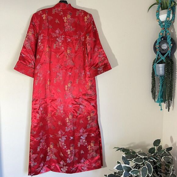 VTG Solz Squirrel Chinese Long Robe Dress Jacket Red Embroidered Pockets L Satin - Picture 6 of 8